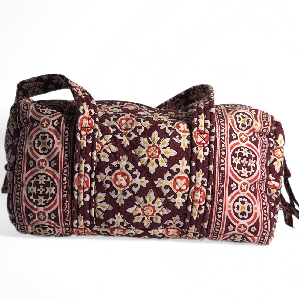 Vera Bradley Quilted Cotton Barrel Bag Burgundy Medallion Floral Duffel Handbag